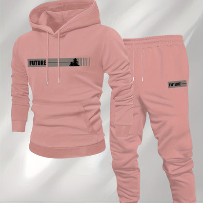 New Autumn and Winter Men's Fleece-Lined Hooded Sweatshirt Set with Print, Long-Sleeve Hoodie and Drawstring Pants for Couples