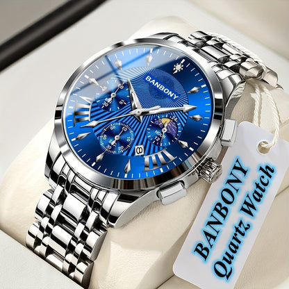BANBONY Automatic Quartz Watch for Men & Women - Stainless Steel Strap, Blue & Golden HD Large Dial, IPX7 Waterproof, Rhinestone Accents, Date Calendar, Luminous Hands - Casual Fashion Unisex Watch for Birthday Holiday Gifts,