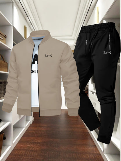 Men's New Calm and Stylish "" Print Jacket Shirt Set, Autumn-Winter Classic Trendy Versatile Two-Piece Outfit