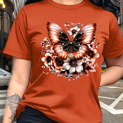 Circle Chic Butterfly Print T-Shirt - Exquisite Design, Casual Round Neck Top - Breathable and Lightweight, Perfect for Spring/Summer Wardrobe