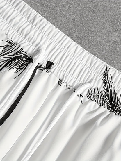 Coconut Tree Print, Men's 2Pcs Outfits, Casual Camp Collar Lapel Button Up Short Sleeve Shirts Hawaiian Shirt And Drawstring Shorts Set For Summer, Men's Clothing