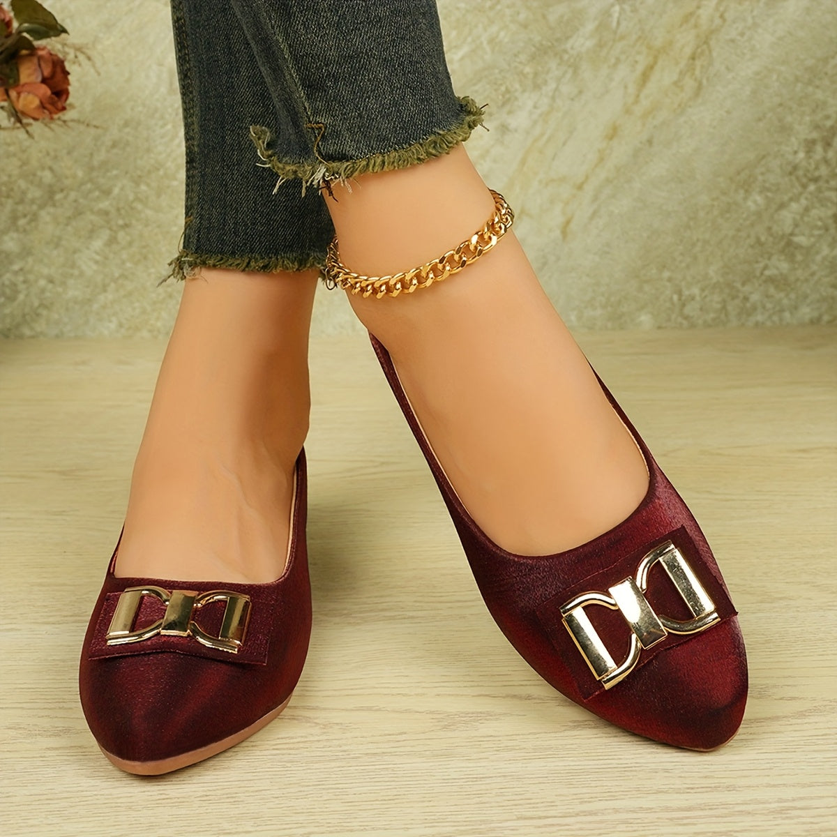 Women's Elegant Red Slip-On Flats with Golden Double Buckle Design - Comfortable Faux Cover Shoes for All Seasons, Pointed Toe Rubber Sole, Perfect for Casual or Dressy Occasions, Dressy Flats | Buckle Embellished Shoes | Lux