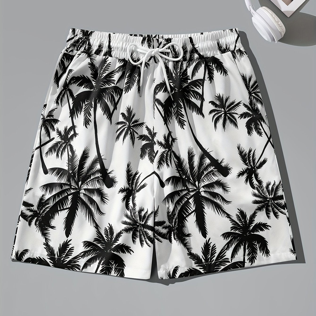 Men's Tropical Coconut Tree Print Drawstring Shorts - Casual, Loose-Fit Beachwear with Pockets