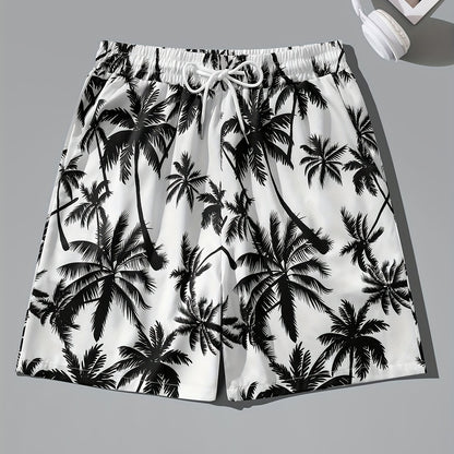 Men's Tropical Coconut Tree Print Drawstring Shorts - Casual, Loose-Fit Beachwear with Pockets