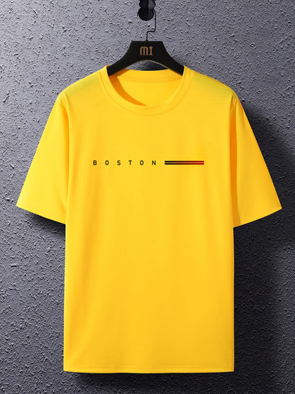 Men's Heavyweight 180gsm Cotton T-Shirt - Dark Gray Crew Neck Tee with Bold "Boston" Print, All-Season Everyday & Formal Shirt for Men - Machine Washable Luxury Casual Top, Versatile Clothing, Modern Design, Premium Fabric, S