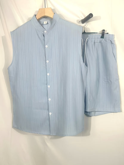New Summer Men's Shirt Casual Henley Neck Sleeveless Top Shorts Beach Set