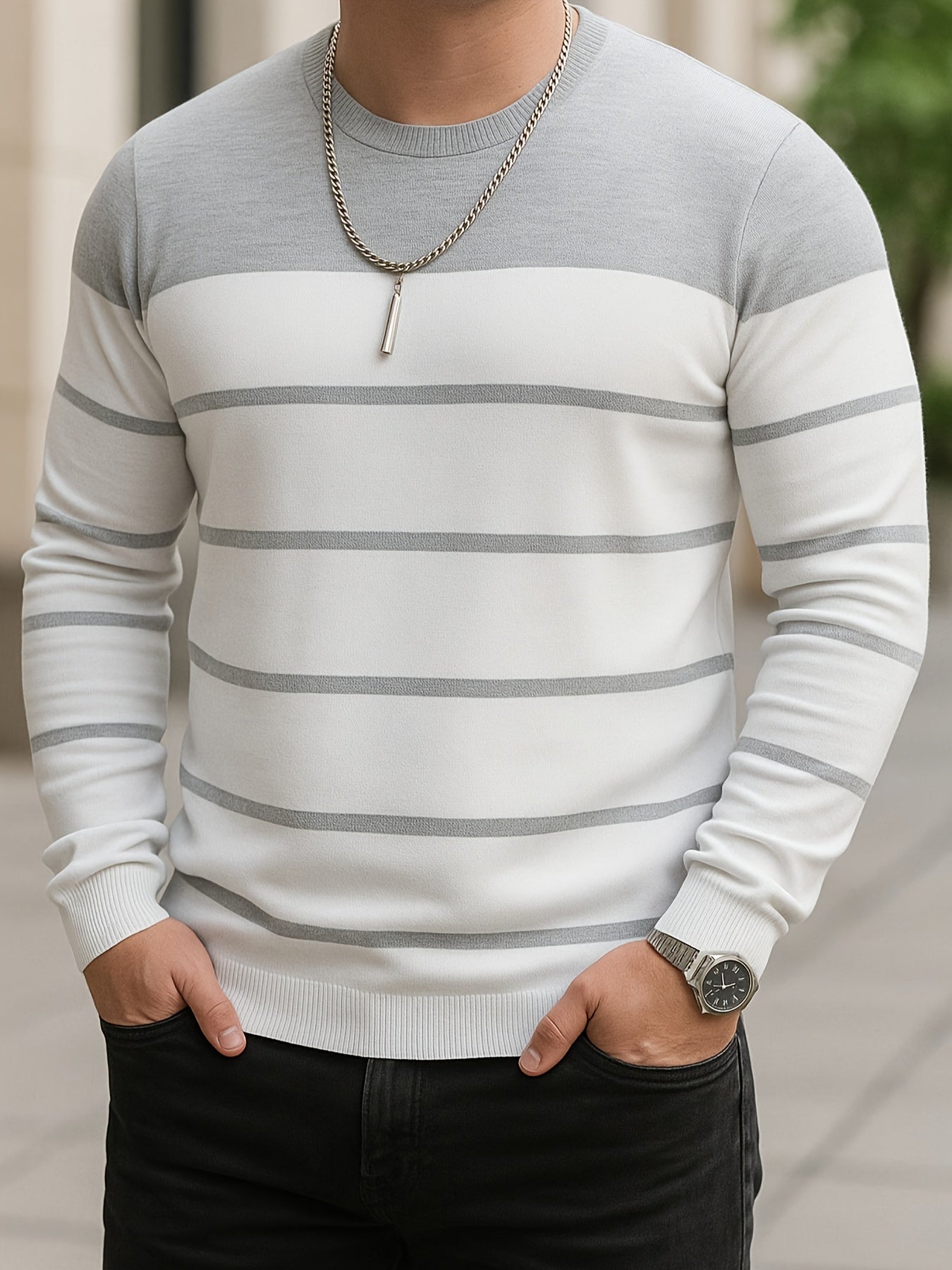 Men's Slim-Fit Striped Knit Sweater - All-Season Business Casual & Casual Attire, Navy Blue/White Horizontal Stripes with Contrast Trim, Round Neck Long Sleeve Pullover, Multi-Color Options (Black/Beige/Light Brown/Navy) - Co