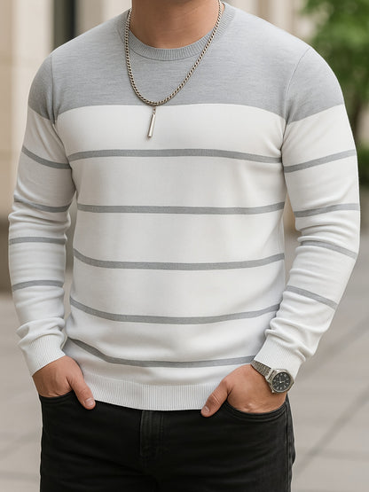 Men's Slim-Fit Striped Knit Sweater - All-Season Business Casual & Casual Attire, Navy Blue/White Horizontal Stripes with Contrast Trim, Round Neck Long Sleeve Pullover, Multi-Color Options (Black/Beige/Light Brown/Navy) - Co