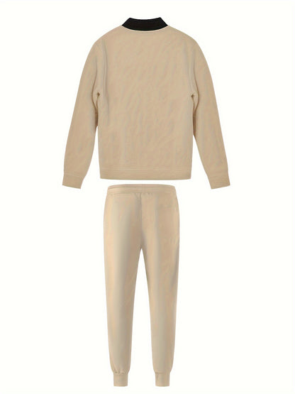 2pcs Men'S Casual Sports Sweatsuit Set, Polyester Knit Fabric, Baseball Collar, Slight Stretch, Solid Color, Regular Fit, with Pockets, for Fall/Winter - Lounge & Weekend Casual Outfit