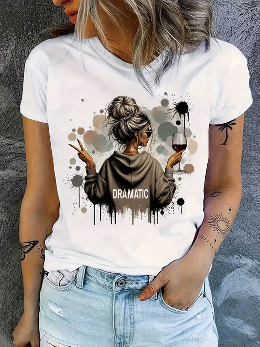 Women'S White T-Shirt with Bold "Dramatic" Lettering & Wine Art Print - Casual Summer Crew Neck Short Sleeve, Machine Washable, Comfort Fit for Wine Lovers, Allseason Top, Artistic Print Shirt, Elegant Casualwear