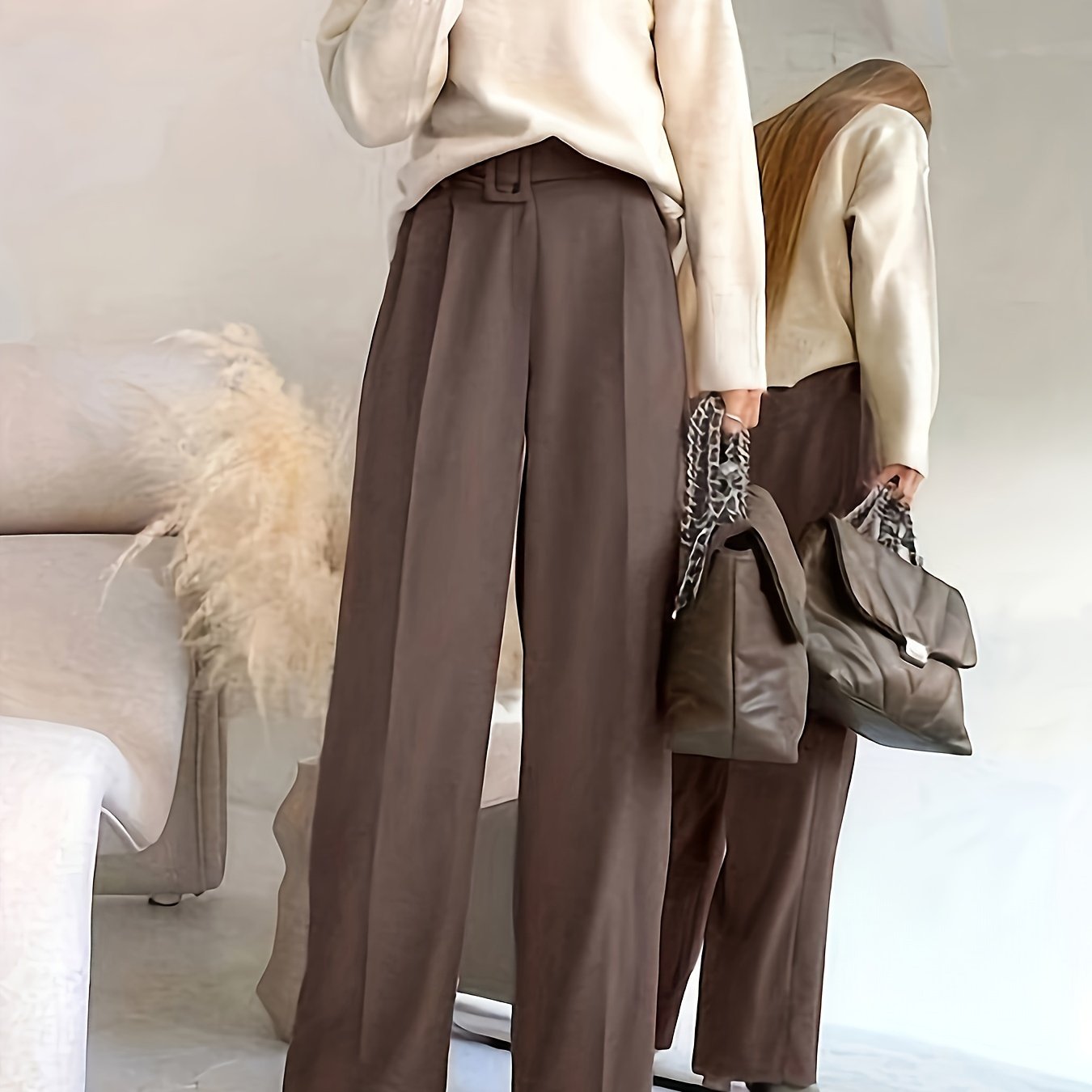 1pc Elegant Women'S Long Pants - Polyester Straight-Leg Trousers with Belt, Zippered Closure, Casual Loose-Fit for Spring/Autumn