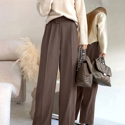 1pc Elegant Women'S Long Pants - Polyester Straight-Leg Trousers with Belt, Zippered Closure, Casual Loose-Fit for Spring/Autumn