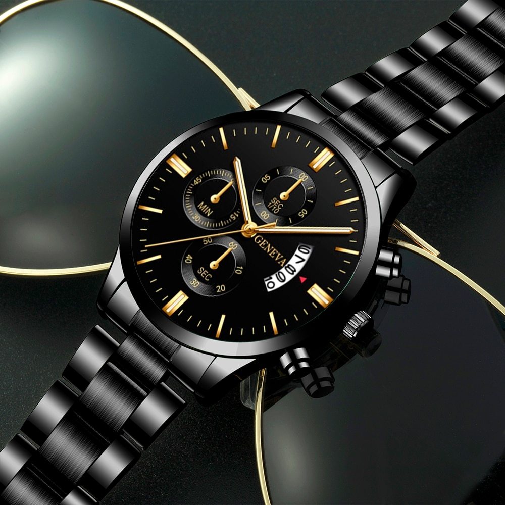 Men'S Luxury Black Stainless Steel Quartz Watch with a Date Feature, Ideal for Business Occasions.
