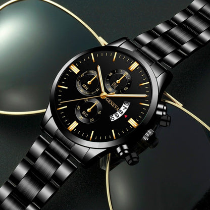 Men'S Luxury Black Stainless Steel Quartz Watch with a Date Feature, Ideal for Business Occasions.