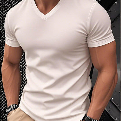1pc Men's Light Blue Solid Color V-Neck Casual T-Shirt - Breathable Regular Fit Short Sleeve Tee for Spring Summer, Gym, Office & Casual Attire