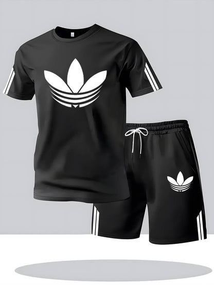 ADIDA Letter Set Short Sleeve + Shorts Two-Piece Men's Fashion Casual Round Neck T-Shirt Outfit, European Style Trendy Short Sleeve Set