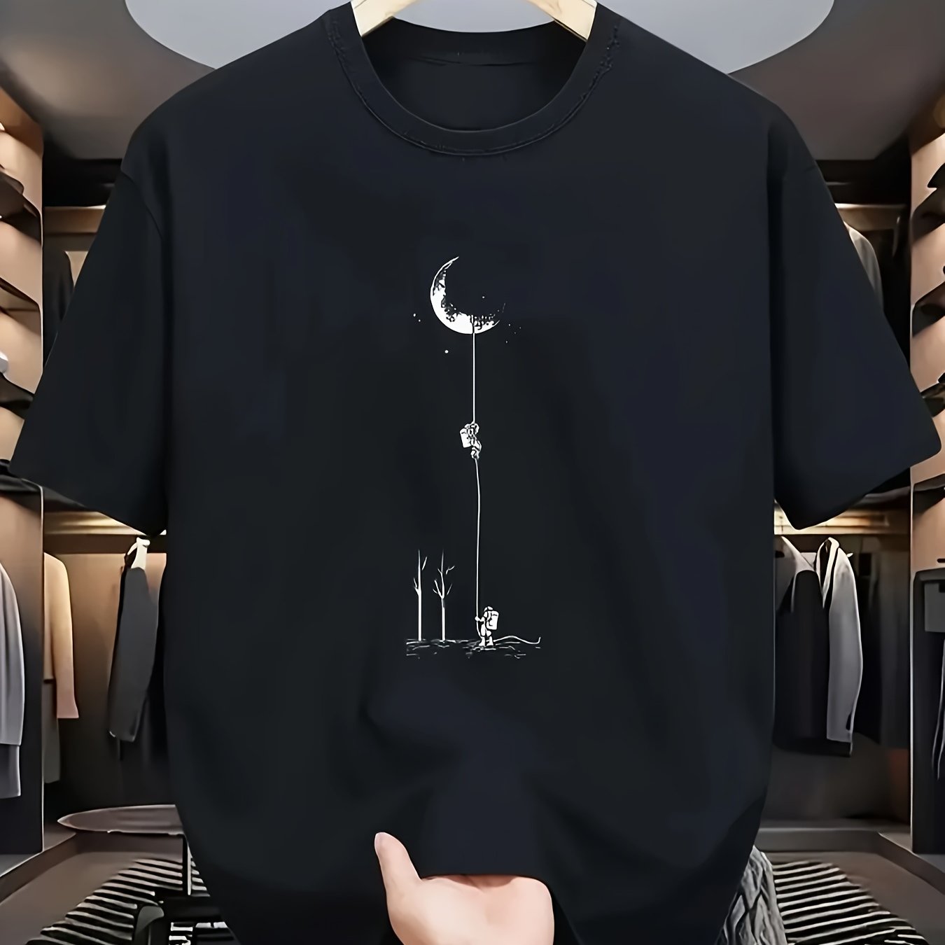 Men's Casual Graphic T-Shirt - Soft Polyester Blend, Crew Neck, Short Sleeve, Summer Style with Unique Moon and Figures Print, Lightweight and Comfortable for Casual Attire, Everyday Tshirt | Artistic Design Shirt | Lightweig