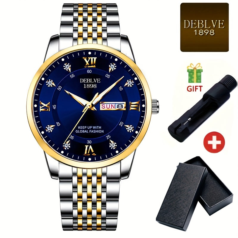 Elegant Men'S Stainless Steel Quartz Watch with Luminous Hands, Date Display & Week Indicator - Classic Design, Non-Waterproof, Battery Powered - Ideal Gift for Christmas, Halloween, Campus Related Events, Everyday Watch|Clas
