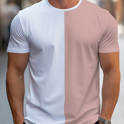Men'S Fashion Casual Crew Neck Short Sleeve T-Shirt, Polyester Blend, Slight Stretch, Solid Color, Summer, Regular Fit, Knit Fabric, 180g/m², with Embellished Graphic for Adult