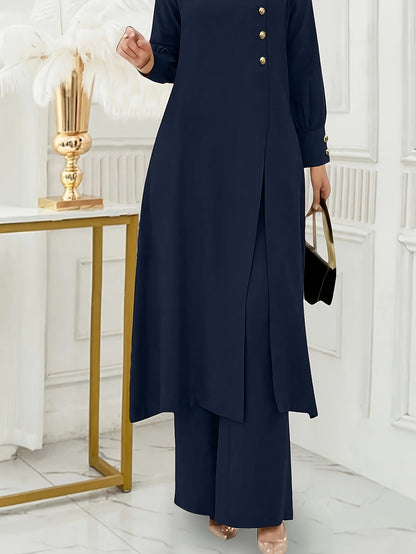 Ramadan, Women's Front-Button Long Sleeve Slit Dress & Pants Casual Arabic Style 2pcs Set, Only Clothes, Without Headscarf