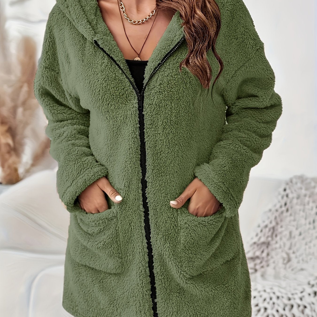 Women's Winter Elegant Solid Color Zipper Patch Pocket Long Sleeve Plush Hooded Coat