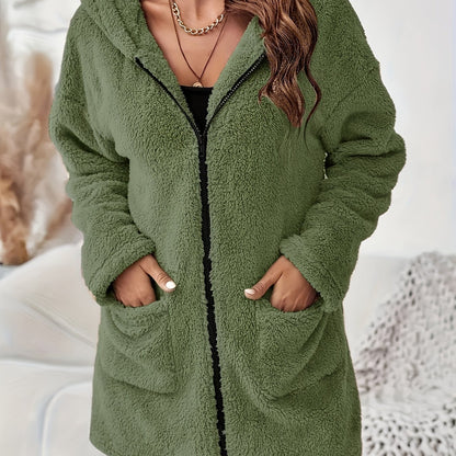 Women's Winter Elegant Solid Color Zipper Patch Pocket Long Sleeve Plush Hooded Coat