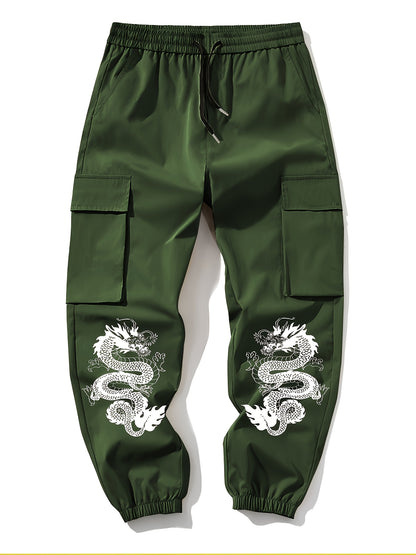 2pcs set Men's casual large pocket overalls elastic waist drawstring printed flower pants for spring and autumn season, for Autumn, Spring