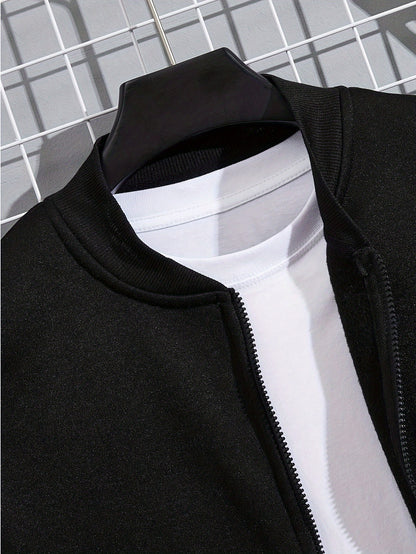 Men'S Casual Polyester Sweatsuit Set with Baseball Collar and Slight Stretch - Solid Color Long Sleeve Knit Fabric Track Suit for Fall/Winter