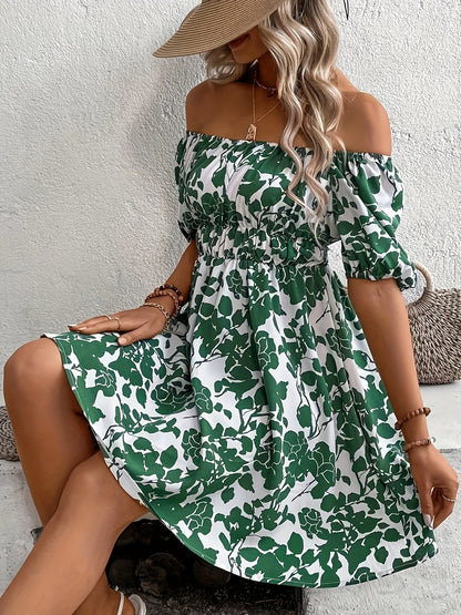 Leaves Print Off Shoulder Aline Dress, Vacation Style Short Sleeve Swing Dress For Spring & Summer, Women's Clothing