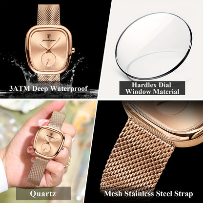 POEDAGAR Elegant Women's Quartz Watch - Waterproof, Stainless Steel Mesh Band, Rose Golden Square Dial, Black Strap, Perfect for Parties & Casual Attire, Stylish Timepiece | Elegant Design | Mesh Strap Watch, Watch Accessorie