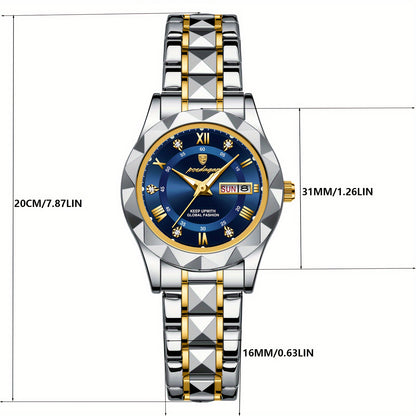 POEDAGAR Women's Elegant Stainless Steel Quartz Watch with Luminous Blue Dial, Roman Numerals, Date Calendar, IPX7 High Quality & -Accented Band for Casual & Formal Wear