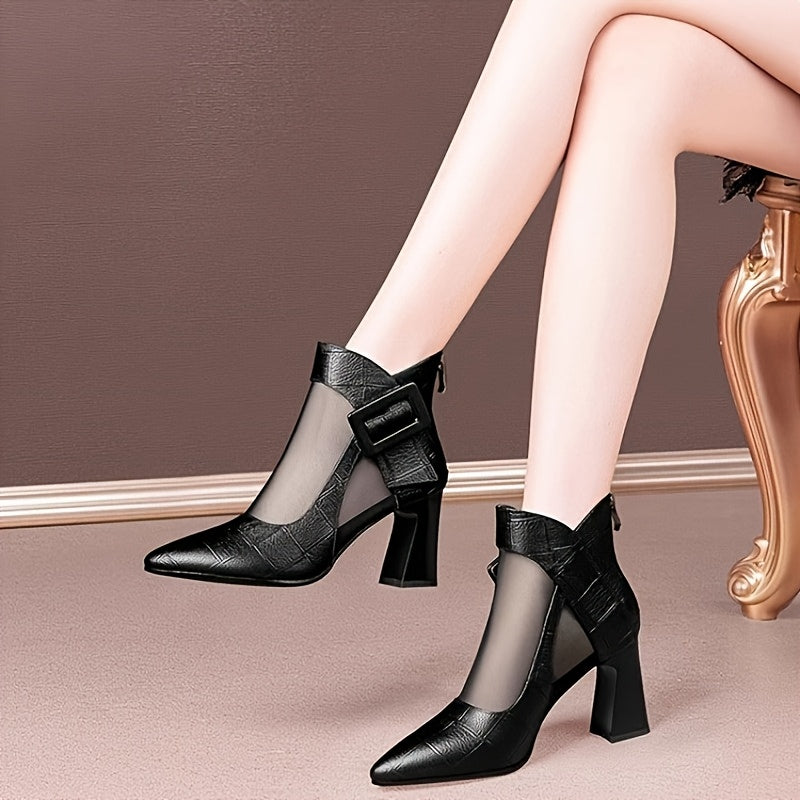 Women'S Pointed Toe Chunky Heel Pumps - Breathable Mesh Back Zipper Closure, Synthetic Cover Upper & Rubber Sole, Black Summer Casual Formal Dress Shoes for Office, Weddings, Parties, High Heel Boots, Wedding Guest Shoes, Cri