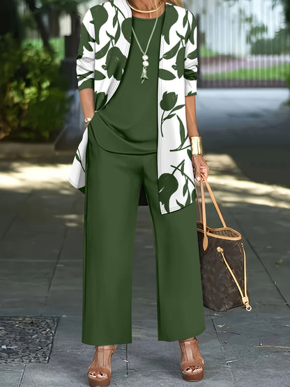 Women'S 3pcs Set, Floral Print Cardigan with Solid Color Cami and Wide-Leg Pants Casual Outfit