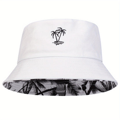 1pc Unisex Bucket Hat - Double-Sided Coconut Tree, Lightweight Fisherman Cap with Wide Brim, Elastic Fit for Beach, Travel, Everyday - Men & Women (Black/White/), Beach Hat, Travel Headwear, Detail