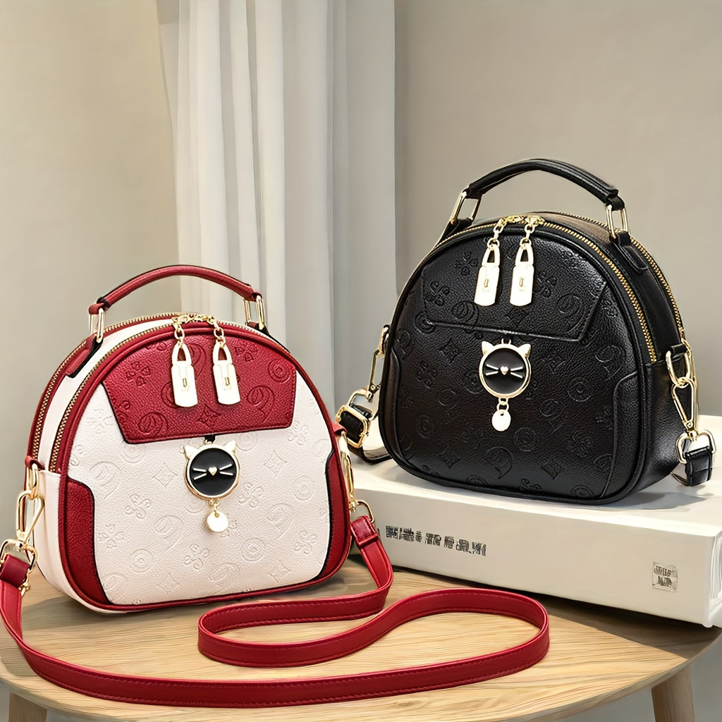 Stylish Women's Handbag - Two-Tone Red & White Design, Embossed Floral Pattern, Adjustable Crossbody Strap, Golden-Tone Hardware, Perfect for Casual Outings & Commuting, Ladies Handbags