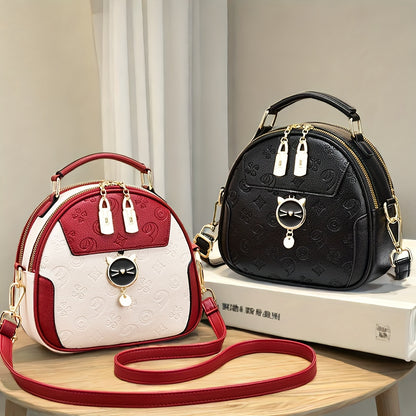 Stylish Women's Handbag - Two-Tone Red & White Design, Embossed Floral Pattern, Adjustable Crossbody Strap, Golden-Tone Hardware, Perfect for Casual Outings & Commuting, Ladies Handbags