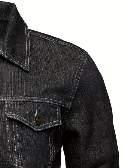 Men's Slim-Fit Denim Jacket - Casual Cotton Blend, Long Sleeve with Pockets, Machine Washable