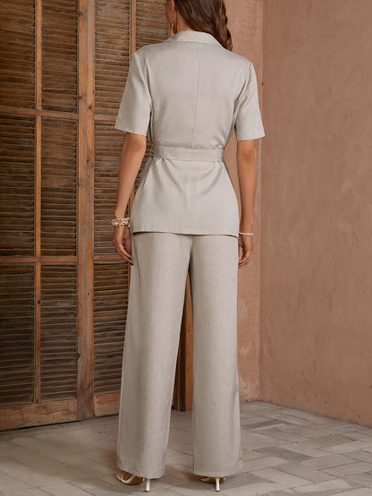 Women'S Elegant Short Sleeve Blazer and Pants Set, Suitable for Work Attire, Formal Outfits, Casual Daily Wear, Fashionable Suit [BK041020]