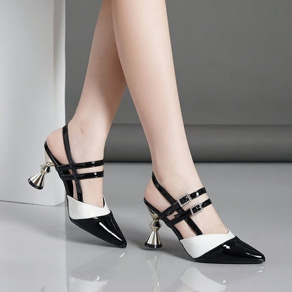 Women'S Black & White Block Heel Pumps - Pointed Toe, Synthetic Cover, Rubber Sole, High Heel Dress Shoes for Summer, Elegant Office & Formal Wear, High Heel Shoe