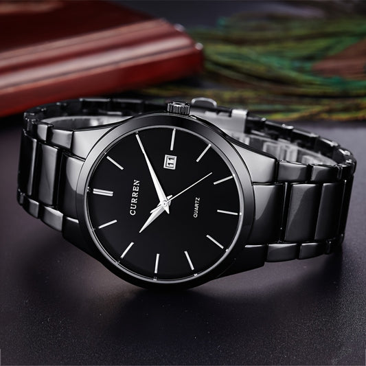 CURREN Men'S Quartz Watch, Casual Business Elegant Round Dial Stainless Steel Strap, Battery Powered Calendar Pointer Display, Aluminum Alloy Case, Non-Rechargeable Button Battery