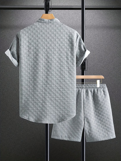 Men'S Casual Summer Short Sleeve Shirt & Shorts Set - Light Blue, Button-Up, Polyester, Perfect for Casual Attire, Parties, and Outdoor Activities, Casual Summer Wear|Short Sleeve Shirt|Polyester Fabri