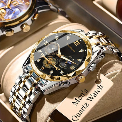 1pc Men'S Stainless Steel Quartz Watch with IPX7, Luminous Display, Rhinestone Accents, Scratch-Resistant Dial, Date Window & Chronograph Function - Stylish Casual Timepiece for Casual Attire, Everyday Timepiece | Luminous Wa