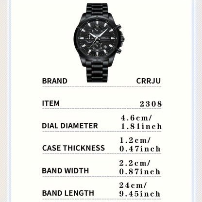 CRRJU Fashion Men's Watch, Business Solid Stainless Steel Multifunctional Chronograph Watch