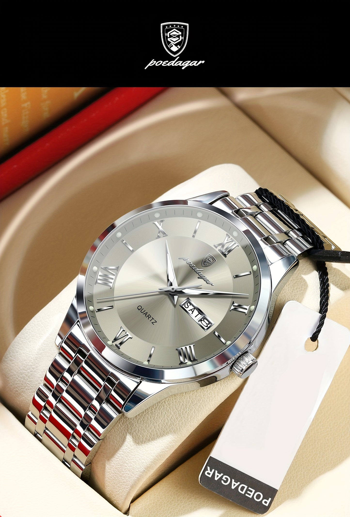 POEDAGAR Men'S Quartz Watch, Sports Style, Waterproof 3ATM, Luminous Calendar, Stainless Steel Strap, Pointer Display, Alloy Case, Electronic Drive, Non-Rechargeable Button Battery, with Spring Festival and Football Holiday T