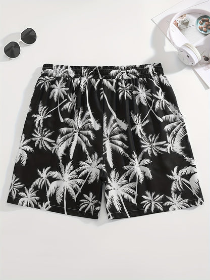 Men's Tropical Coconut Tree Print Drawstring Shorts - Casual, Loose-Fit Beachwear with Pockets