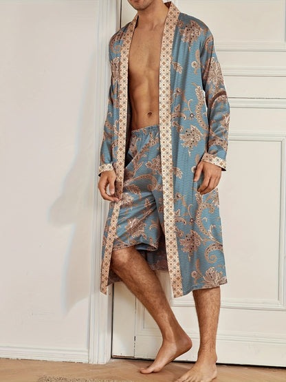 Men's Sleep Robe, Elegant And Light Luxury Pajamas Set, Stylish Gorgeous Floral Print, V-neck Long Sleeve Sleep Robe And Shorts, Sleep Wear Robe Set For Home Wear