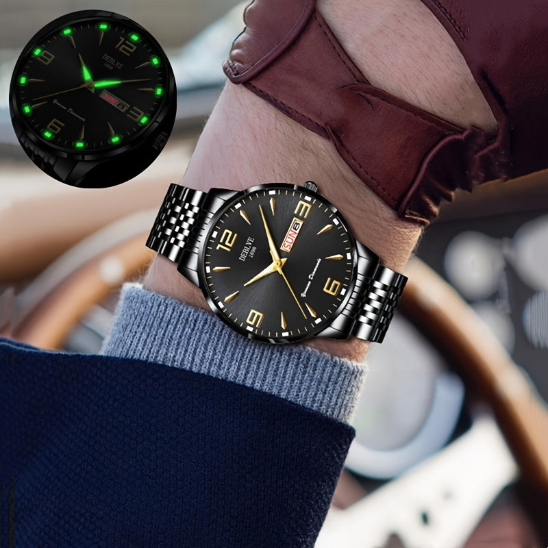 DEBLVE Men's Sleek Business Watch - Ultra-Thin Alloy, Luminous Hands, Calendar & Week Display, Waterproof, Sporty Steel Strap with Secure Clasp