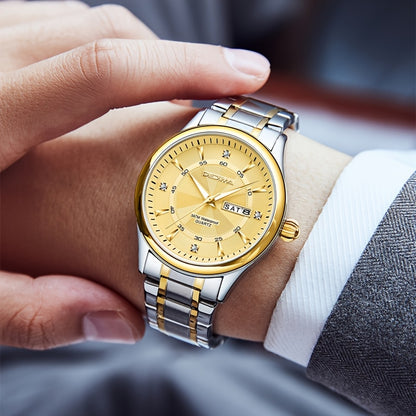 Stainless Steel Men's Quartz Watch with Luminous Hands, Dual Calendar, Date Display & High Quality IPX7 - Golden-Tone Dial, Accents for Business, Casual, Travel - Ideal Birthday Holiday Gift, Business Casual Watch | Sleek Met