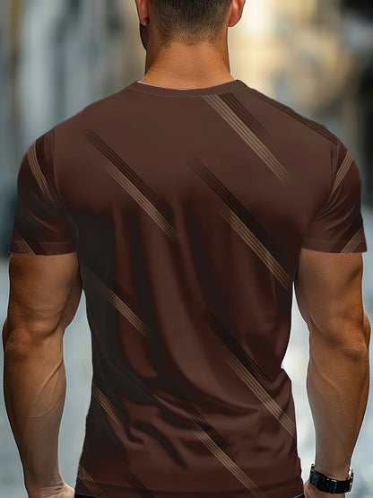 Men's Casual Striped T-Shirt - Brown with White Contrast Stripes, Regular Fit Round Neck, Machine Washable for Everyday Comfort, Summer Clothing, Modern Look, Nontransparent Fabric