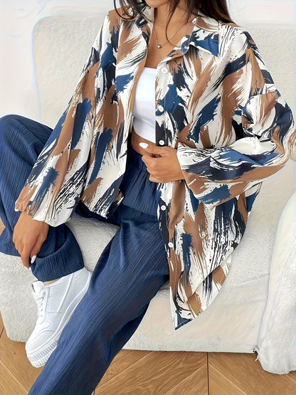 Women'S Elegant Floral Print Blouse and Wide-Leg Pants Set - Lightweight Polyester, Button-Up Shirt with Pockets, Perfect for Spring/Summer, Casual Attire|Floral Print Top|Polyester Fabric